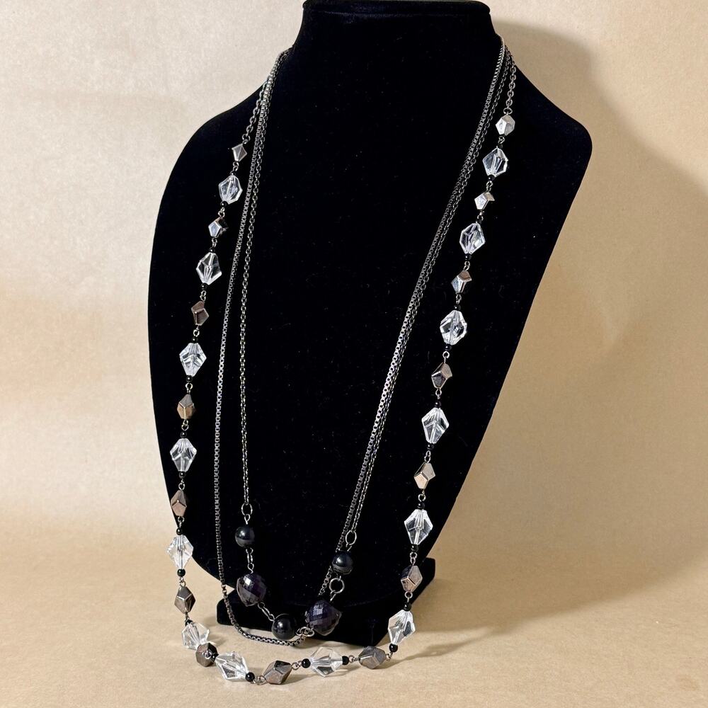 Set of 2 Vintage Beaded Necklaces Clear & Black Dark Metal Chains Long Layered